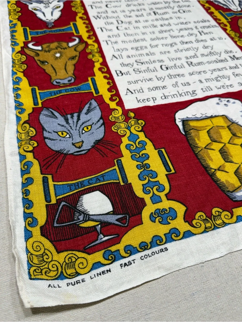 Vintage Irish Linen Tea Towel with Animal Motif and Poem - Red, Yellow, Blue